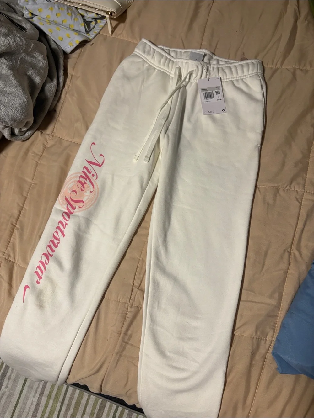 NWT!! Nike Cream Joggers with Pink Script Logo